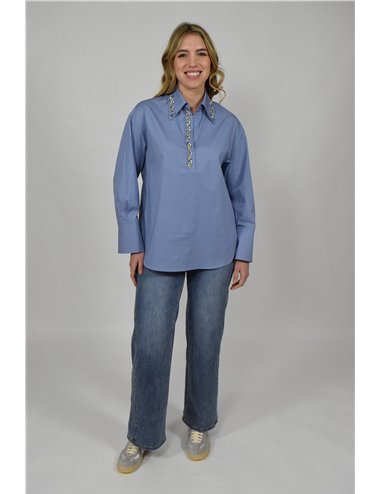 Elena Mirò - Camicia in popeline con cristalli azzurro