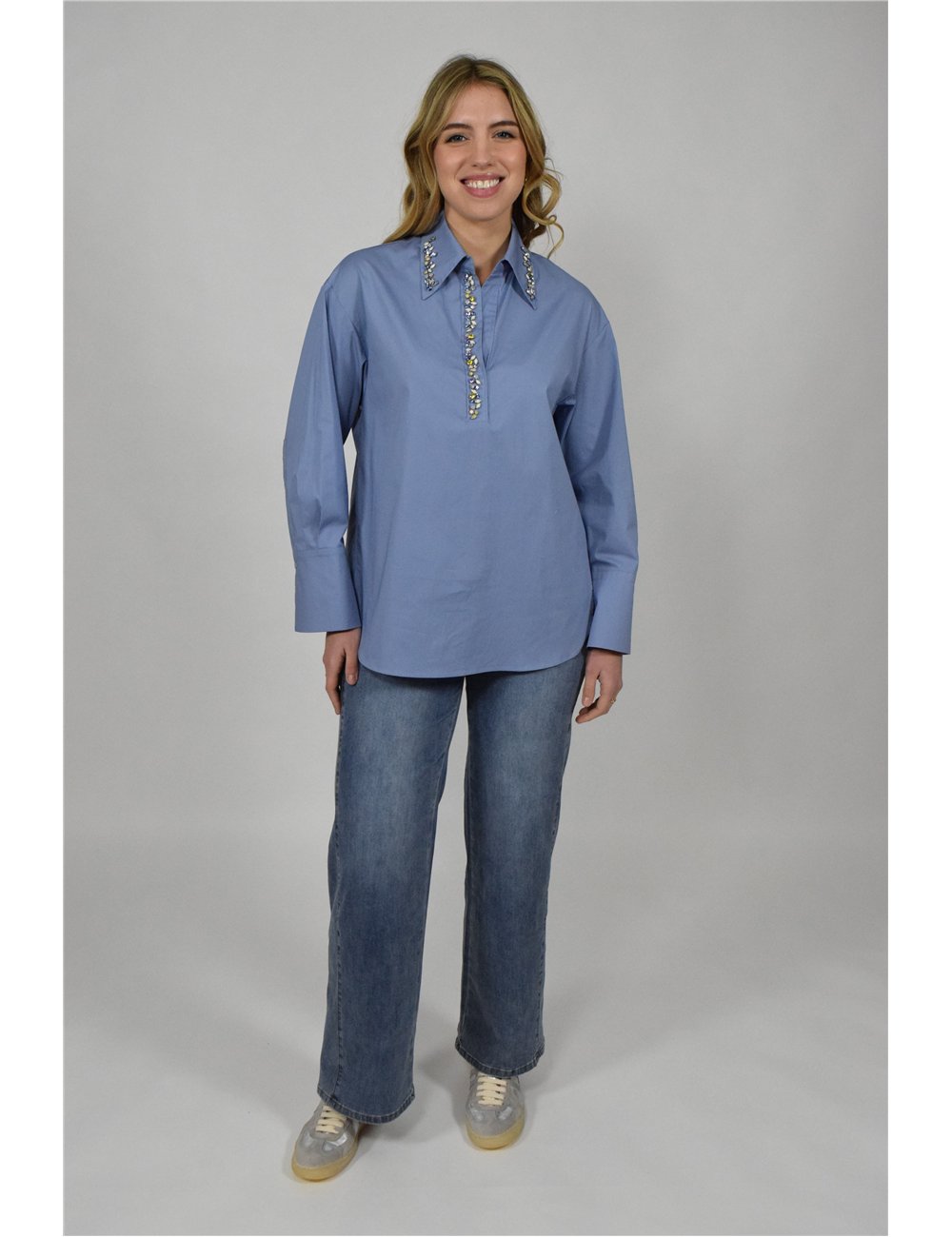 Elena Mirò - Camicia in popeline con cristalli azzurro