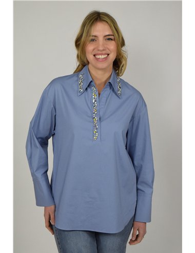 Elena Mirò - Camicia in popeline con cristalli azzurro