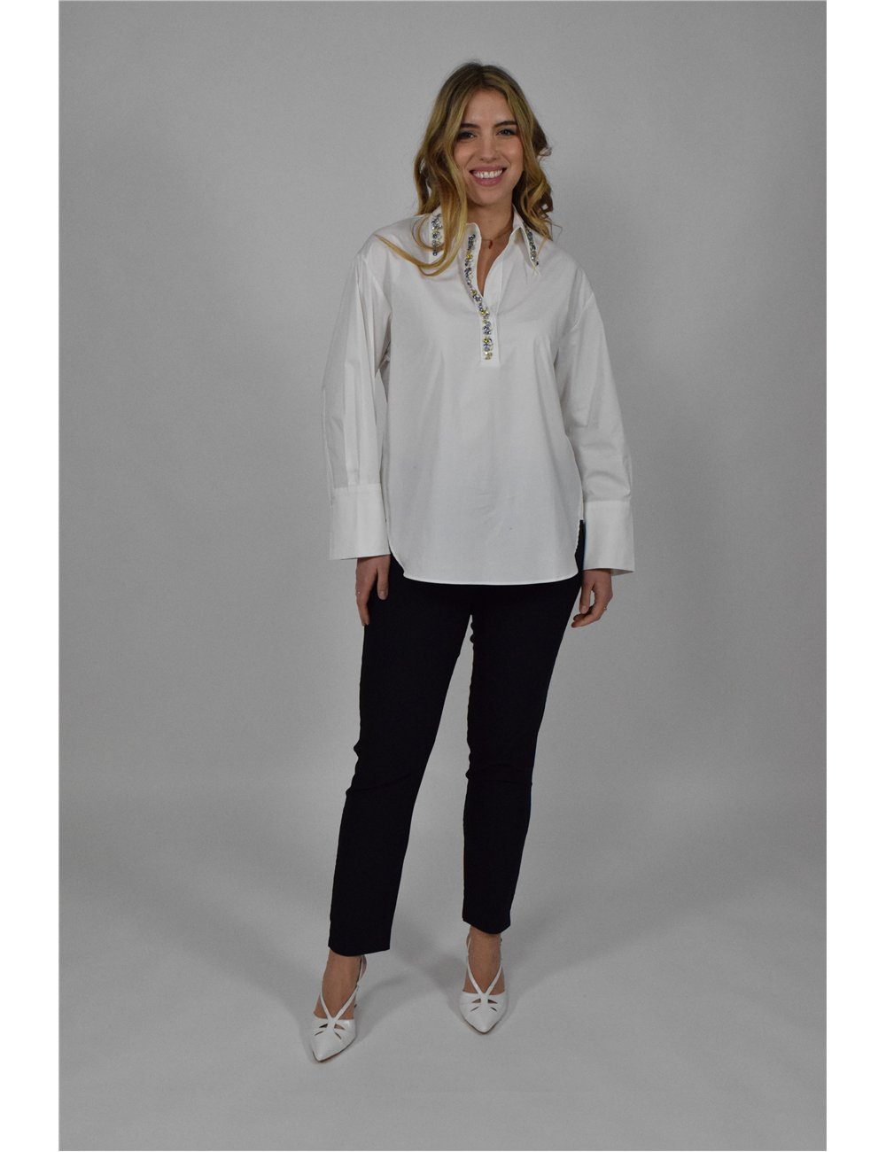 Elena Mirò - Camicia in popeline con cristalli bianco