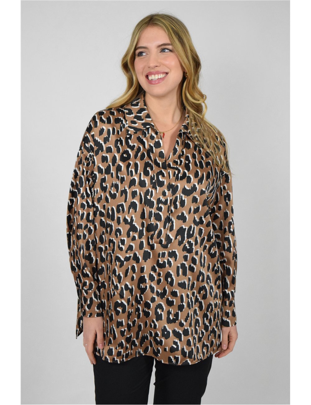 Persona - Blusa in twill stampato cammello