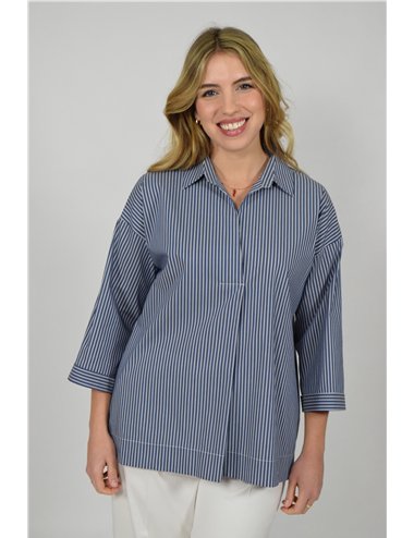 Gaia Life - Camicia in popeline maniche a tre quarti riga blu 