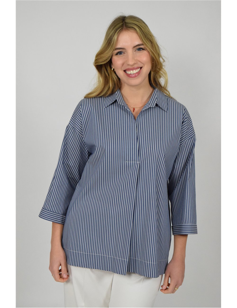 Gaia Life - Camicia in popeline maniche a tre quarti riga blu 
