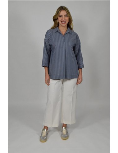 Gaia Life - Camicia in popeline maniche a tre quarti riga blu 